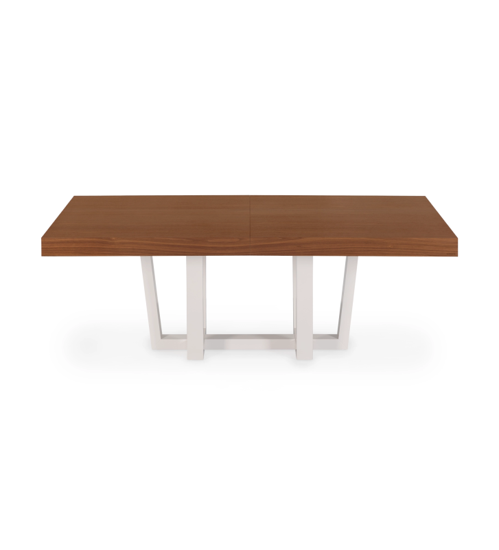 Mesa de jantar extensível retangular com tampo em nogueira natural e pé lacado a pérola.