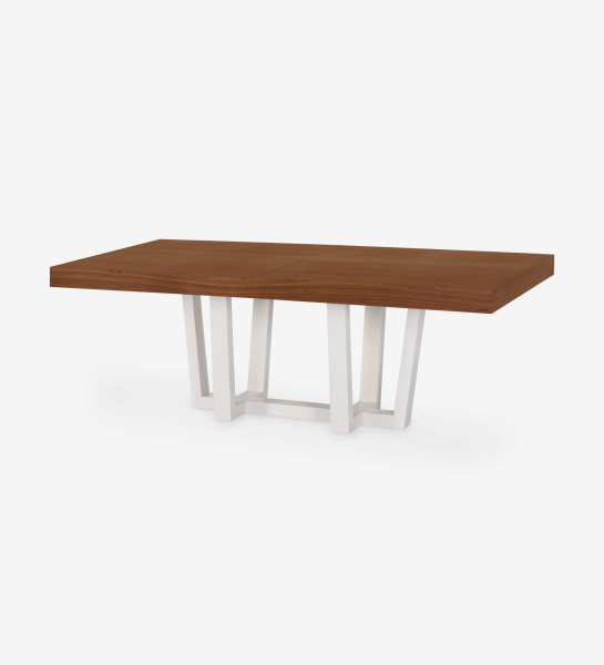Mesa de jantar extensível retangular com tampo em nogueira natural e pé lacado a pérola.