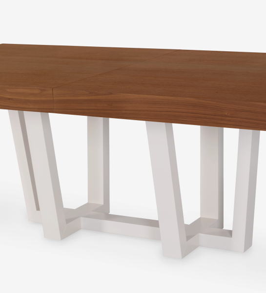 Mesa de jantar extensível retangular com tampo em nogueira natural e pé lacado a pérola.