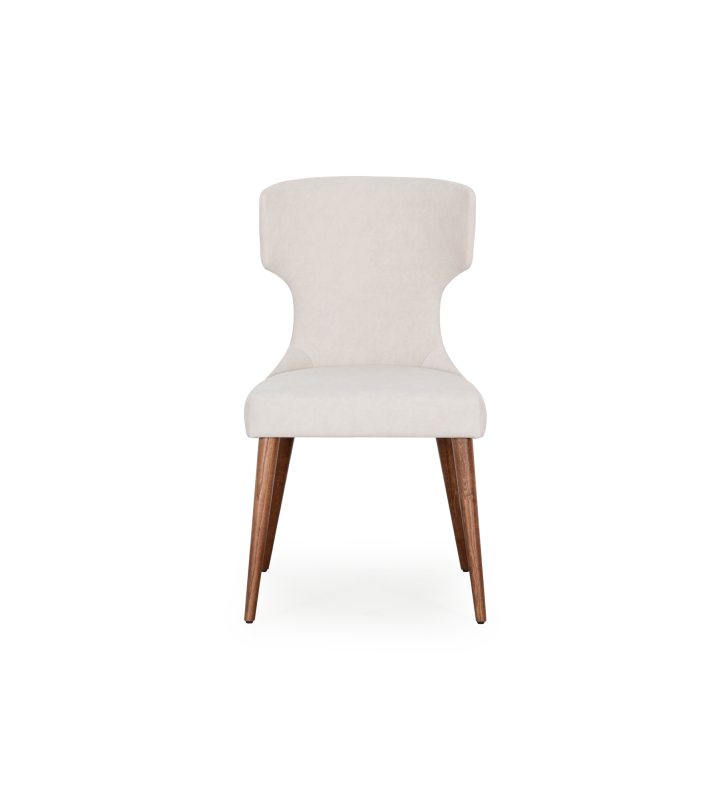 Upholstered chair in pearl fabric, with silver studs on the back and ash wood legs in walnut finish.