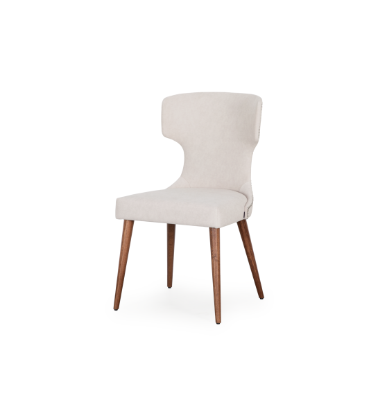Upholstered chair in pearl fabric, with silver studs on the back and ash wood legs in walnut finish.