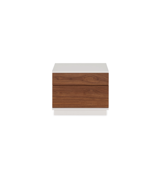 Bedside table with 2 natural walnut drawers, pearl structure.