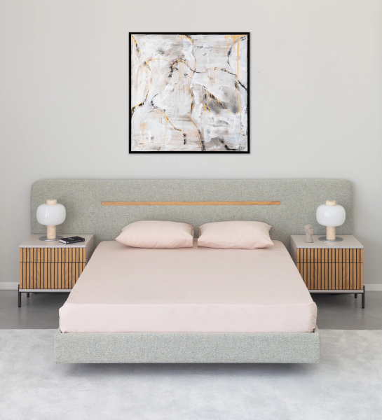 Double bed with upholstered headboard and floating base in green fabric, detail in natural oak.