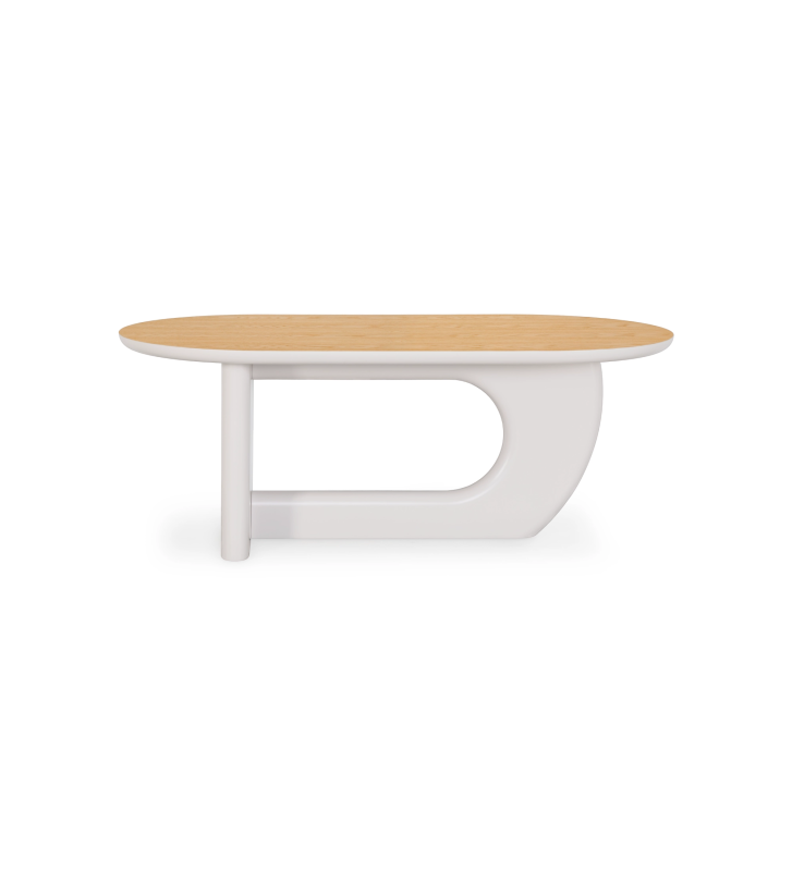 Oval dining table with natural oak top and pearl-lacquered base.