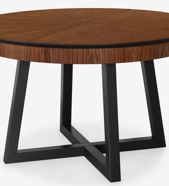 Round extendable dining table with natural walnut top and black lacquered legs.