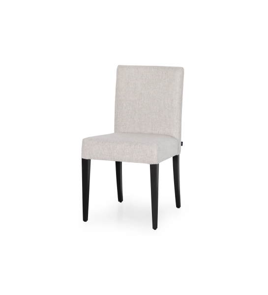 Chair upholstered in light grey fabric, black lacquered feet.