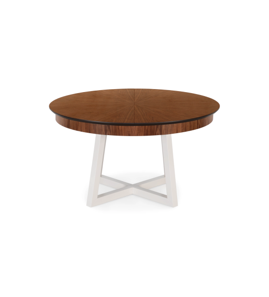 Round extendable dining table with natural walnut top and pearl lacquered legs.