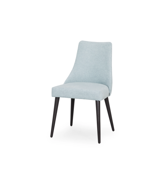 Silla Oslo tapizada en tela azul, pies lacados enegro.