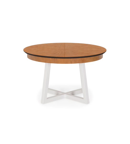 Round extendable dining table with honey oak top and pearl lacquered legs.