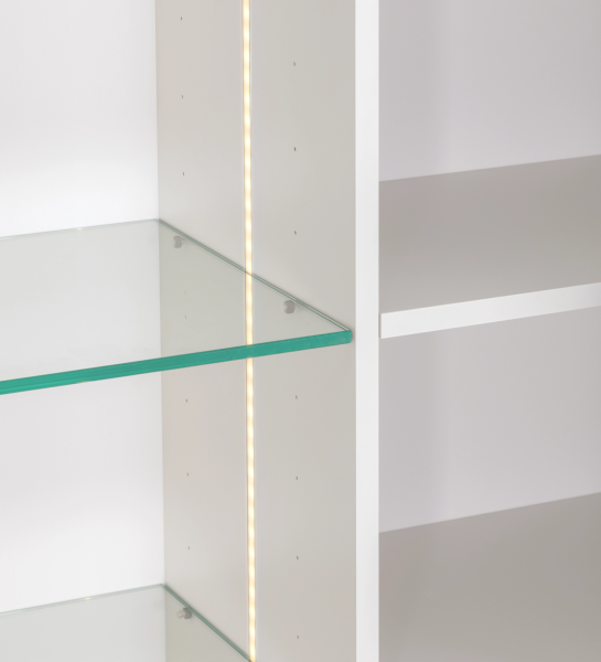 Showcase with lighting and sensor, 2 doors in natural walnut, pearl structure.