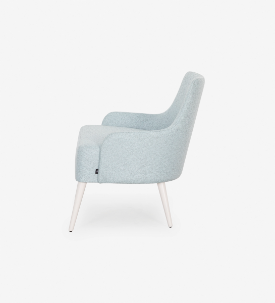 Oslo armchair upholstered in blue fabric, pearl lacquered feet.