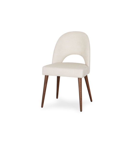 Chair with armrests, upholstered in beige fabric, with walnut-colored wooden legs.