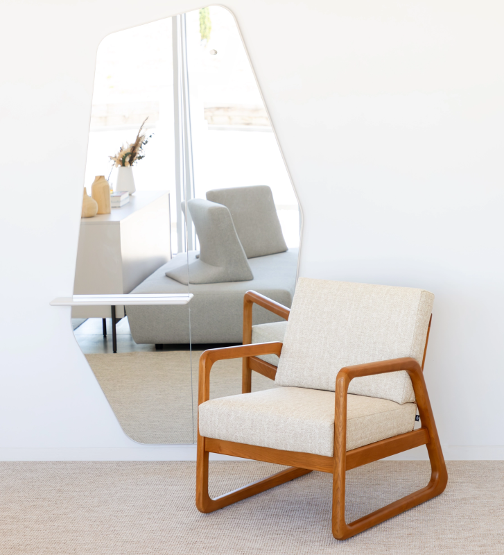 Antarte by AI Armchair upholstered in beige fabric, structure in honey colored wood.