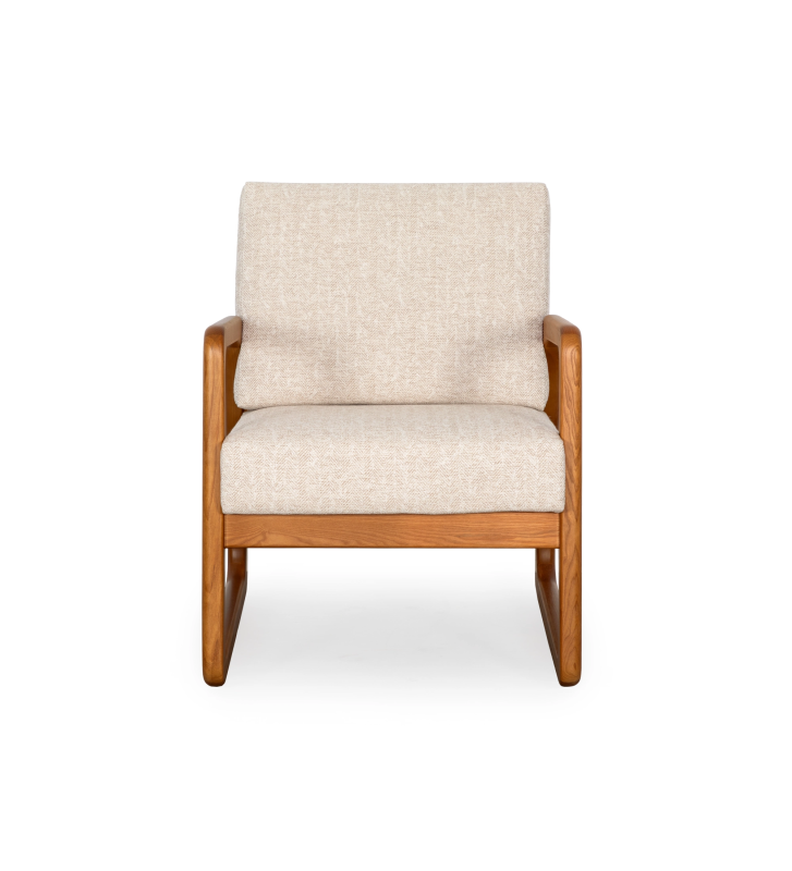 Antarte by AI Armchair upholstered in beige fabric, structure in honey colored wood.