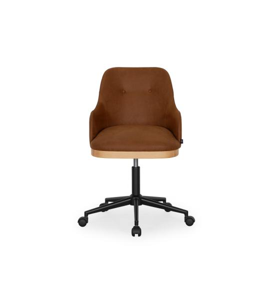 Swivel chair upholstered in brown fabric with detail in natural wood color