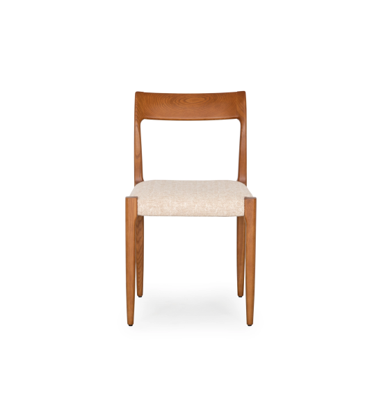 Chair in honey colored ash wood with beige fabric upholstered seat.