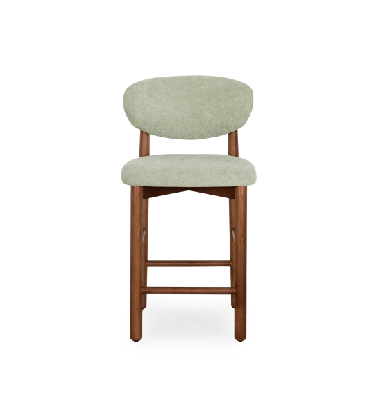 Stool in walnut-colored ash wood, with seat and backrest upholstered in green fabric.