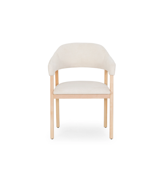 Chair with armrests, in natural ash wood, with seat and back upholstered in pearl fabric