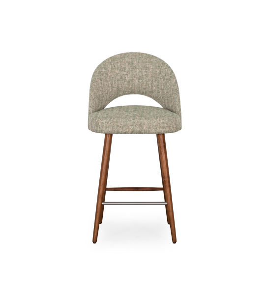 Stool upholstered in green fabric, with walnut-colored wood leg.