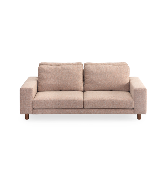 Dallas 3-seater sofa upholstered in multicolored fabric, primarily orange and pearl, folding back cushions, walnut color ash wood feet, 225 cm.
