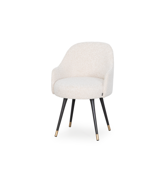 Pearl fabric upholstered swivel chair with black lacquered legs and gold detailing.