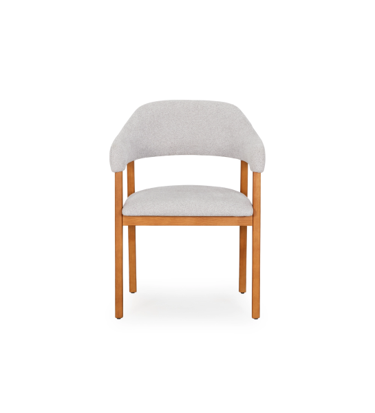 Chair with arms, in honey-colored ash wood, with seat and back upholstered in light grey fabric