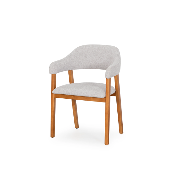 Chaise avec accoudoirs, en bois de frêne couleur miel, avec assise et dossier recouverts de tissu gris clair