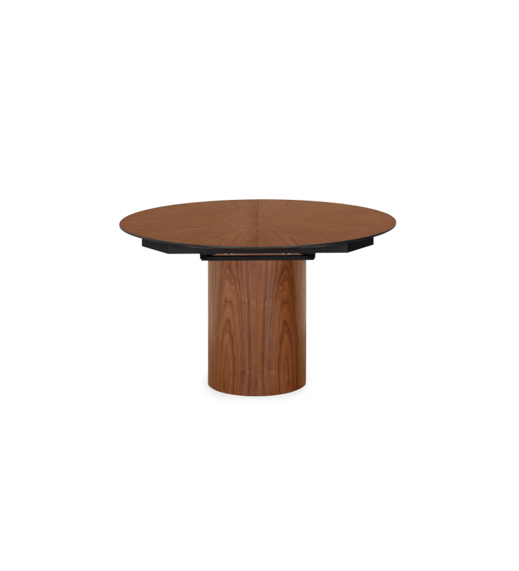 Table de repas ronde extensible Ø 130 cm, plateau en chevrons et pied en noyer naturel, détail du plateau laqué noir.