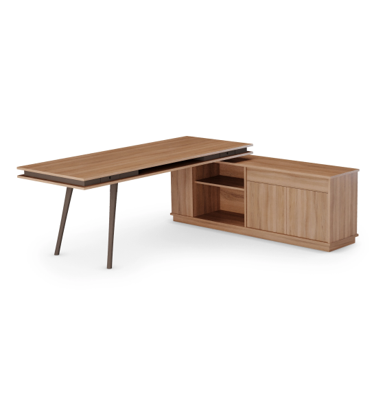 Oslo desk with walnut top, dark brown lacquered feet, with side unit with 2 doors and 1 drawer in walnut, 200 x 80 cm.