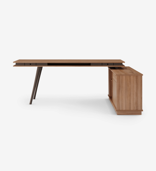 Oslo desk with walnut top, dark brown lacquered feet, with side unit with 2 doors and 1 drawer in walnut, 200 x 80 cm.