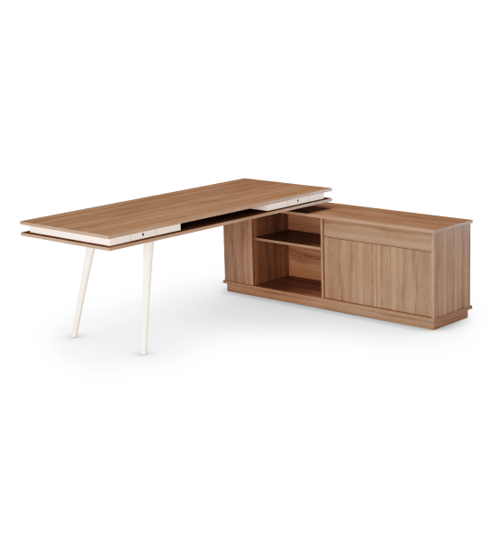 Oslo desk with walnut top, dark brown lacquered feet, with side unit with 2 doors and 1 drawer in walnut, 200 x 80 cm.