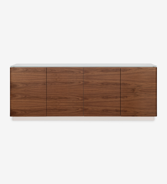 Sideboard with 4 doors in natural walnut, 2 drawers, glass top and pearl lacquered structure.