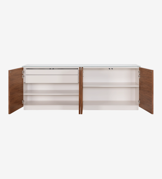 Sideboard with 4 doors in natural walnut, 2 drawers, glass top and pearl lacquered structure.