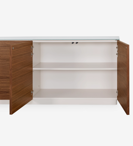Sideboard with 4 doors in natural walnut, 2 drawers, glass top and pearl lacquered structure.