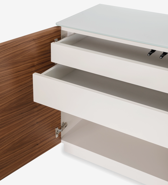 Sideboard with 4 doors in natural walnut, 2 drawers, glass top and pearl lacquered structure.