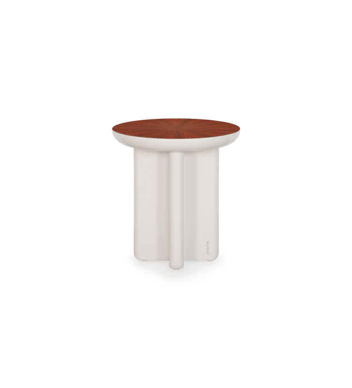 Mónaco round side table, high gloss sunburst palissander top, pearl lacquered foot, Ø 45 cm.