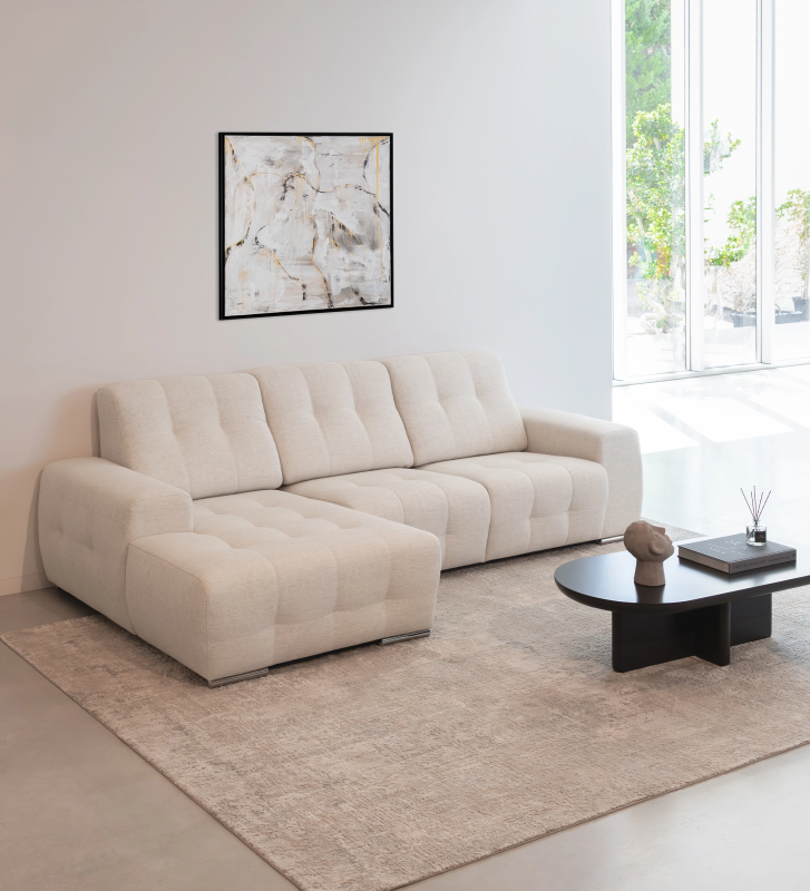 Sofá Madrid 2 lugares e chaise longue esquerda, estofado a tecido pérola, 287 cm.