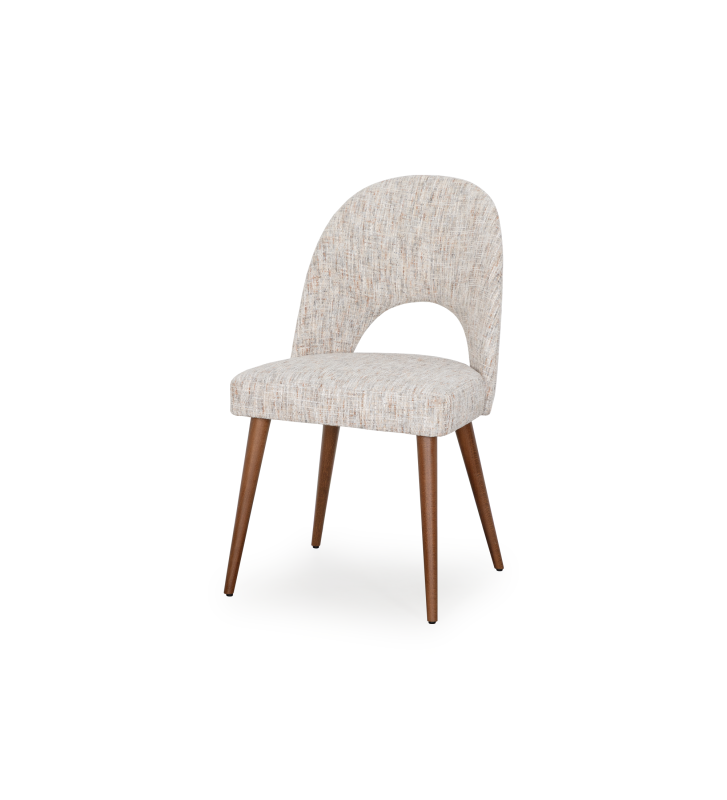 Chair upholstered in gray velvety fabric, with walnut-colored wooden legs.