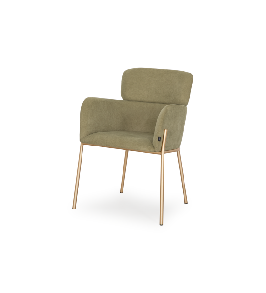 Chaise avec accoudoirs rembourrée en tissu, avec structure métallique laquée en doré.