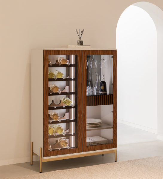 Cannes Wine Cellar wooden cabinet with glass doors displaying wine bottles and glassware