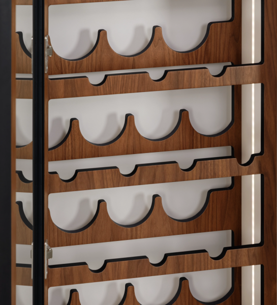 Cannes Wine Cellar wooden wine rack with scalloped bottle slots and glass door