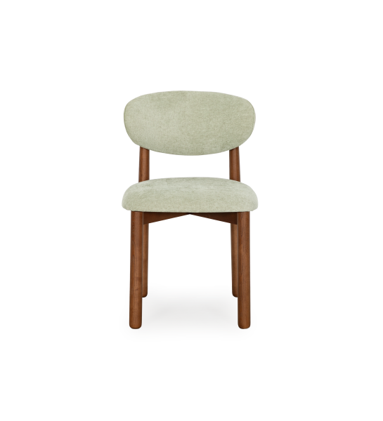 Chaise en bois de frêne couleur noyer, avec assise et dossier rembourrés en tissu vert. 