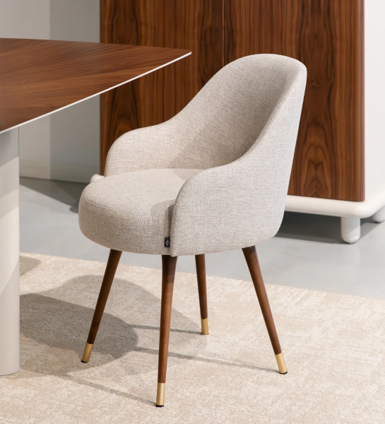Geneve Chair light gray upholstered curved seat with walnut legs and brass tips