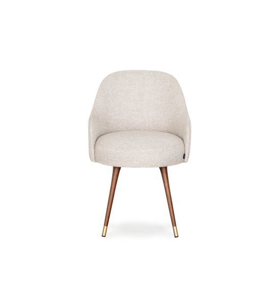 Swivel chair upholstered in grey fabric, with walnut-colored wooden legs and golden detail.