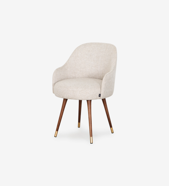 Geneve Chair beige fabric with curved backrest and tapered wood legs with brass caps
