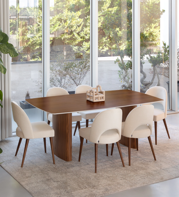 Mesa de jantar Paris retangular 180 x 100 cm, em nogueira natural com pormenor do tampo em pérola.