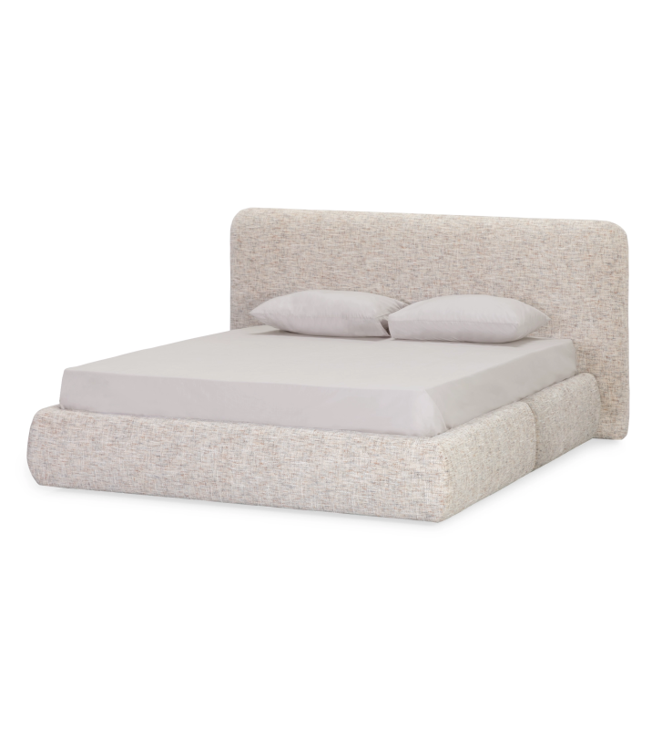 Cama de casal com cabeceira curta, estofada a tecido aveludado cinzento.