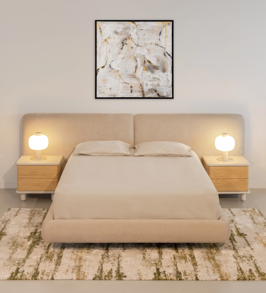 Cama Doble con almacenaje Paris beige tapizada con cabecero y dos mesitas