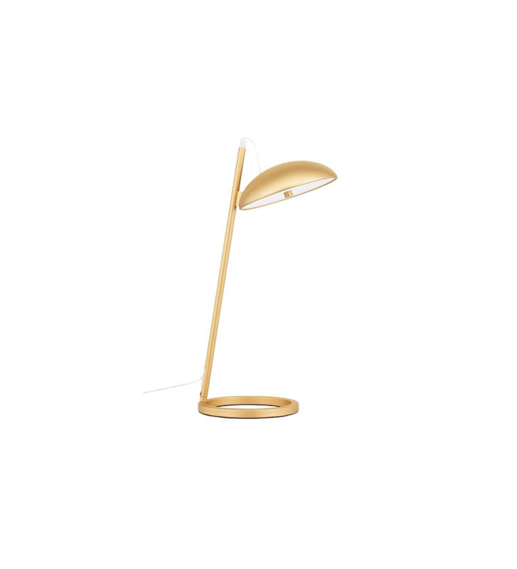 Candeeiro de mesa com estrutura em alumínio dourado.