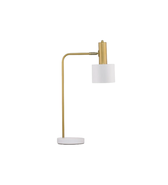 Table lamp with structure in golden metal, base and lampshade in white metal.